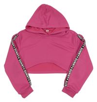 Tmavorůžová crop mikina s pruhy s nápisy a kapucí Shein