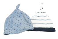 2x čepice - modrá sametová čepice s hězdičkami + bílo-modrá pruhovaná čepice 