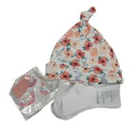 Nové - 3 set - bílé ponožky + bílo-růžová květovaná čepice + bílo-růžové rukavice 