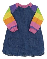 Modré riflové šaty s barevnými pruhovanými rukávy Next