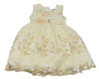 Smetanové tylové slavnostní šaty s výšivkami květů a mašlí 