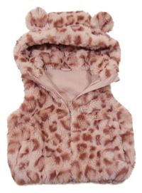 Růžová leopardí kožešinová podšitá vesta s kapucí Nutmeg