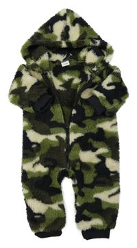 Zeleno-černo-smetanová chlupatá army kombinéza s kapucí 