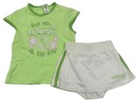 2set - Zelené tričko s nápisem + bílá sukně s všitými kraťasy C&A