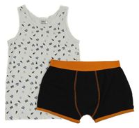 2set - Bílý nátělník s obrázky + černo-oranžové boxerky 