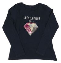 Tmavomodré triko s diamantem z flitrů Kiabi 