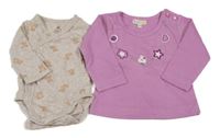 2 set - Fialové triko s řetízkem + béžové zavinovací body s medvídky 