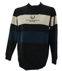 Pánský černo-béžvo-tmavomodrý pruhovaný žinylkový svetr s logem 