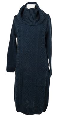 Dámské tmavomodré vzorované svetrové šaty s komínovým límcem Bonprix 