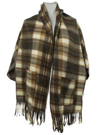 Dámský hnědo-béžový kostkovaný fleecový pléd s třásněmi