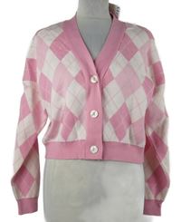 Nové - Dámský růžovo-bílý kostkovaný crop propínací svetr Primark 