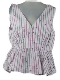 Dámský bílo-růžový pruhovaný peplum top s kytičkami 