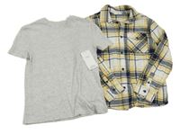 Nové- 2set- tmavomodro-bílo-žlutá kostkovaná flanelová košile+ šedé tričko M&S