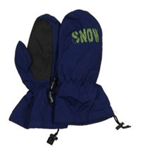 Tmavomodro-černé šusťákové zimní rukavice s nápisem 