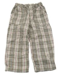 Bílo-béžovo-modro-červené kostkované plátěné kalhoty 