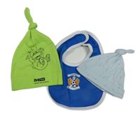 3 set - modro-bílý bavlněný slintáček + 2x bavlněná čepice - zelená + modrá s hvězdami 