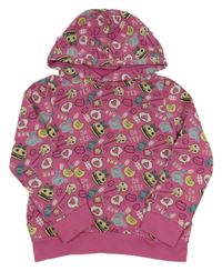 Růžová mikina s nápisy, obrázky a kapucí 