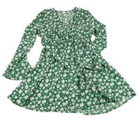 Zeleno-bílé květované šaty s páskem Shein