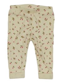 Smetanové žebrované legíny s kvítky 