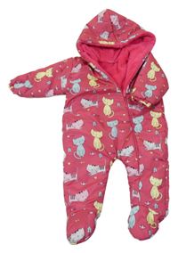 Růžová šusťáková zimní kombinéza s kočkami a kapucí 