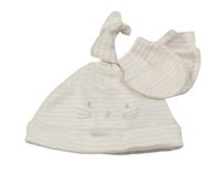 2set - Bílo-růžová pruhovaná bavlněná čepice + rukavice Mothercare