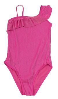 Růžové žebrované jednodílné plavky s volánky Primark