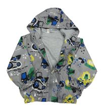 Šedá šusťáková jarní bunda s traktory a kapucí 