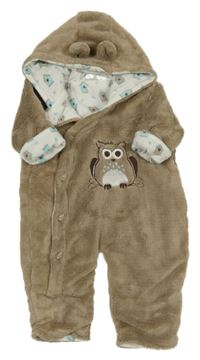 Hnědá plyšová zateplená kombinéza se sovou a kapucí Ergee 