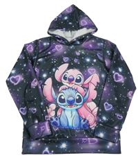 Šedo-fialová batikovaná mikina se Stitchem a kapucí 