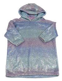 Modro-růžová pruhovaná chlupatá zateplená oversize mikina s kapucí Next