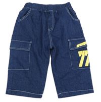 Tmavomodré riflové cargo kraťasy s nápisem 