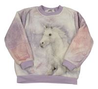 Bílo-světlefialovo/růžová plyšová mikina s jednorožcem H&M