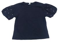 Tmavomodré crop tričko s perličkami ZARA