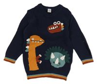 Tmavomodrý žebrovaný svetr s dinosaury a pruhy Tu
