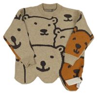 Nové - hnědoéžový melírovaný oversize svetr s medvídky BLUE PAPA