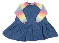 Modré riflové šaty s barevnými pruhovanými teplákovými rukávy Next