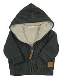 Tmavošedý melírovaný žebrovaný propínací zateplený svetr se vzorem a nášivkou a kapucí Smile