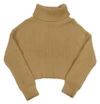 Hnědobéžový žebrovaný pletený oversize crop rolák New Look