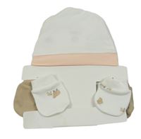 Nové - 3Set - Bílo/broskvová čepice + rukavice - bílé s ovečkami, béžové PRIMARK