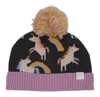 Tmavošedo-světlefialová čepice s jednorožci a duhami a bambulí George