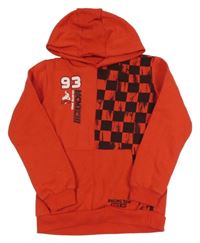 Červeno-černá teplá mikina s číslem a kostkovaným vzorem a kapsou a kapucí YOUNG IDOLS