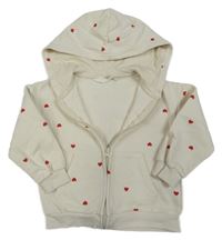 Smetanová propínací mikina s červenými srdíčky a kapucí H&M