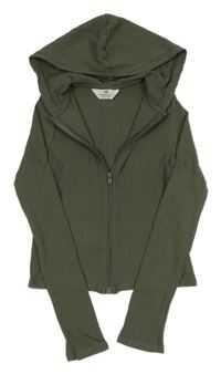 Khaki žebrovaná propínací slabá crop mikina s kapucí H&M