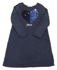 Tmavomodré teplákové šaty se srdíčkem z překlápěcích pajetek H&M