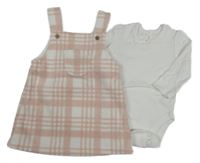 2Set - Bílo-světlerůžovo-starorůžové kostkované fleecové šaty s kapsou + bílé žebrované body George