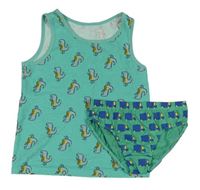 2set - Tyrkysový nátělník s dinosaury + zelené slipy s náklaďáky