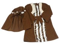 Kostým - 2set - Hnědé šaty s pruhy a vestou + čepice - pastýřka