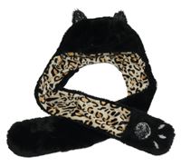 Černá kožešinová čepice se šálou - kočka