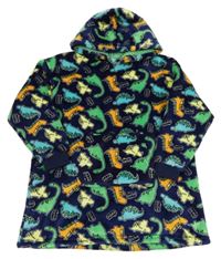 Tmavomodrá chlupatá zateplená oversize mikina s dinosaury a kapucí