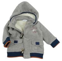 Šedá melírovaná fleecová zateplená propínací mikina s výšivkou a kapucí